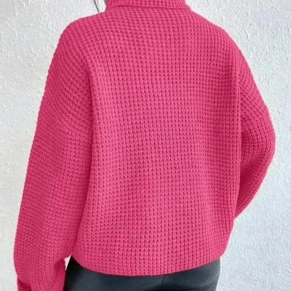 Hot Pink Casual Women's Loose Fit Turtleneck Drop Shoulder Sweater - Picture 2 of 6
